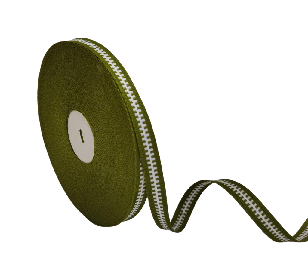 OLIVE GREEN WITH WHITE ZIP RIBBON (10 MM)