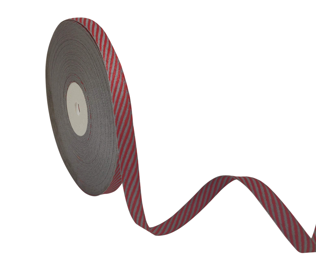 GREY & RED DIAGONAL STRIPES RIBBON (10 MM)