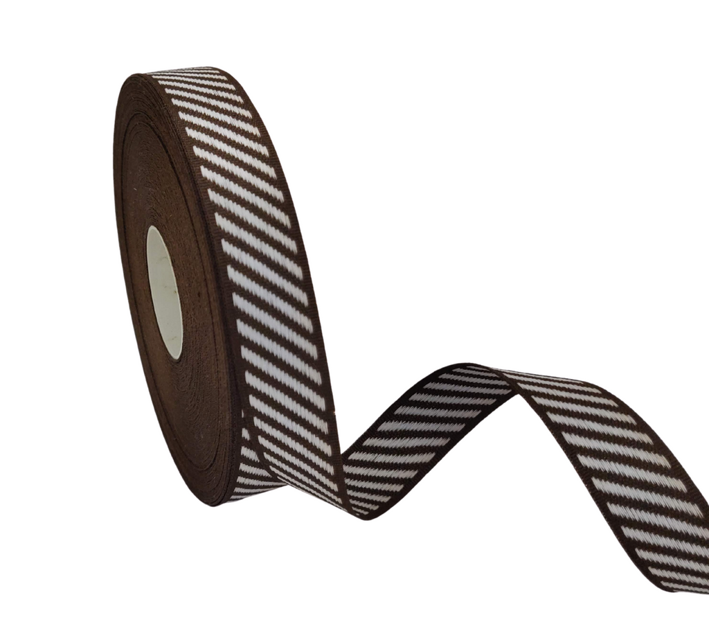 COFFEE BROWN WITH OFF-WHITE DIAGONAL STRIPES RIBBON (20 MM)