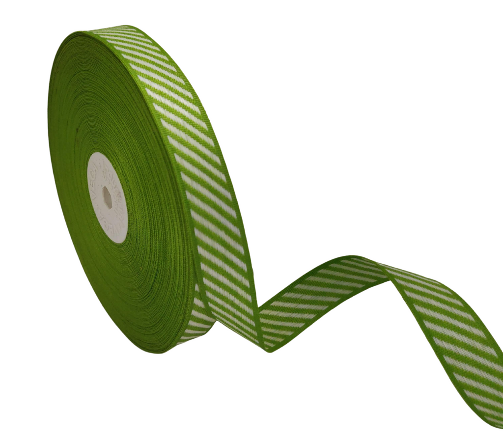 LEAF GREEN WITH OFF-WHITE DIAGONAL STRIPES RIBBON (20 MM)