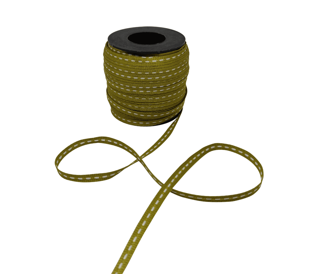 MEHENDI GREEN WITH WHITE ALLURA STITCHED RIBBON (06MM | 50MTR)