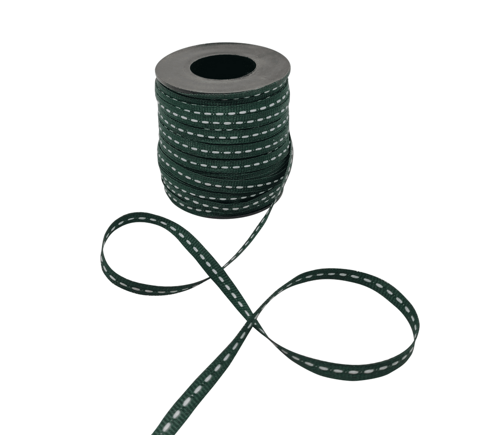 BOTTLE GREEN WITH WHITE ALLURA STITCHED RIBBON (06MM | 50MTR)