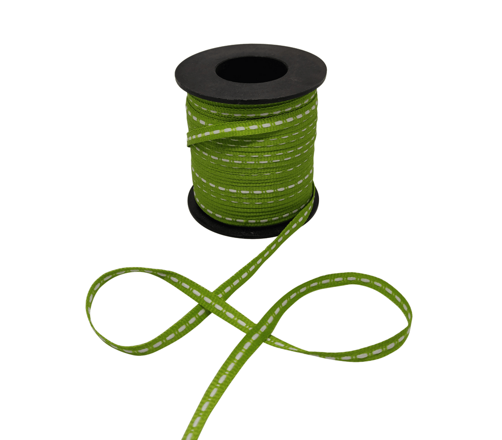 LEAF GREEN WITH WHITE ALLURA STITCHED RIBBON (06MM | 50MTR)