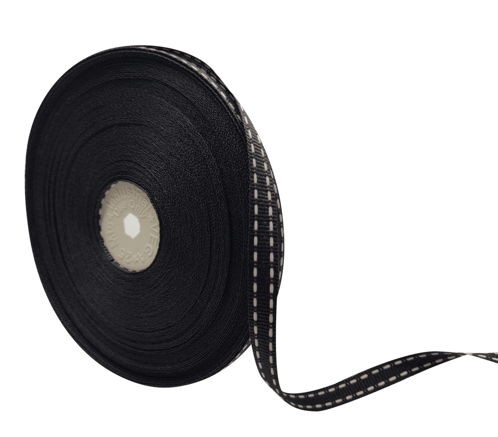 BLACK WITH WHITE ALLURA STITCHED RIBBON (10MM | 25MTR)