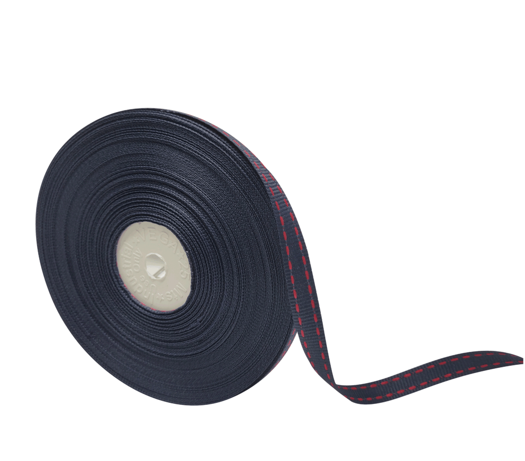 NAVY BLUE WITH RED ALLURA STITCHED RIBBON (10MM | 25MTR)