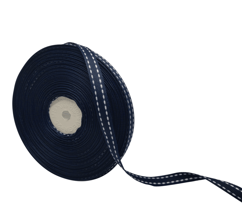 NAVY BLUE WITH WHITE ALLURA STITCHED RIBBON (10MM | 25MTR)