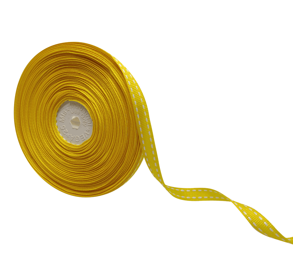 YELLOW WITH WHITE ALLURA STITCHED RIBBON (10MM | 25MTR)