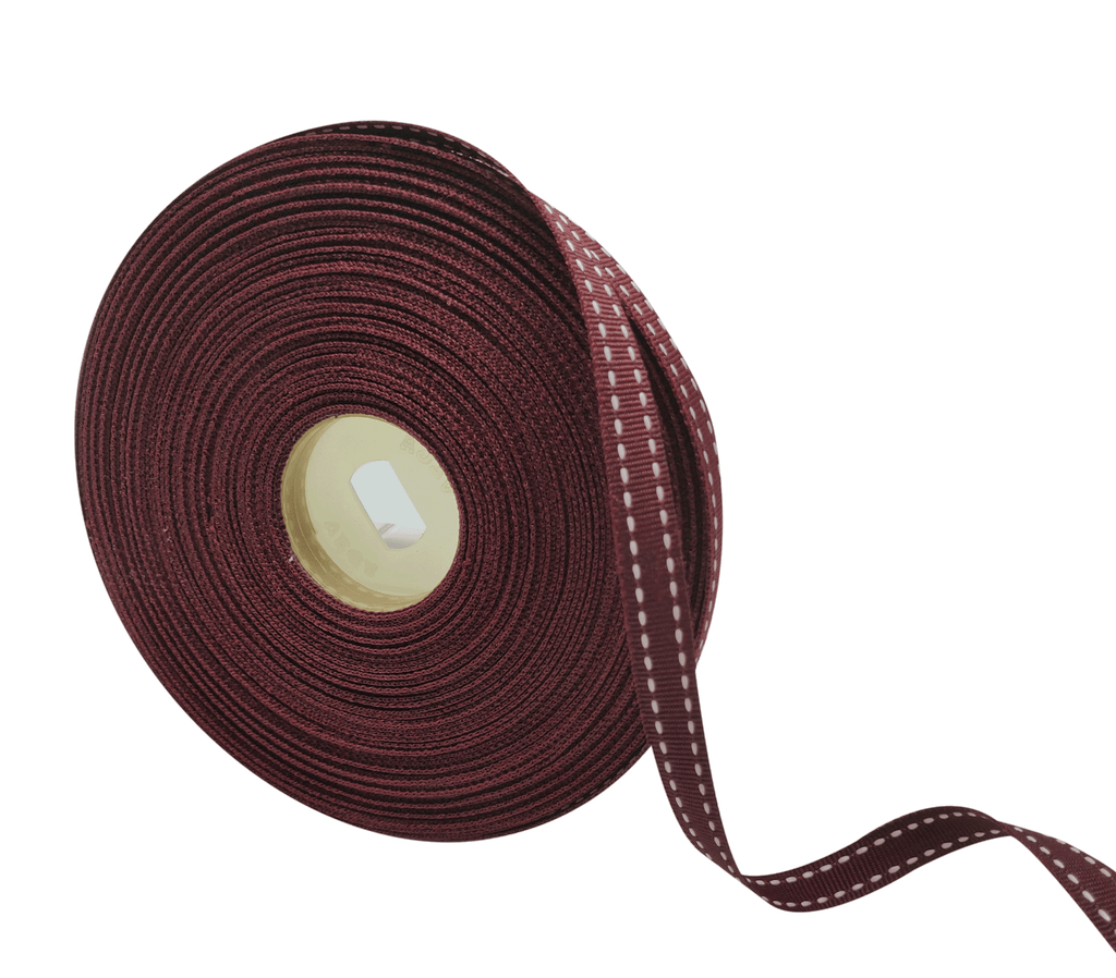 MAROON WITH WHITE ALLURA STITCHED RIBBON (10MM | 25MTR)