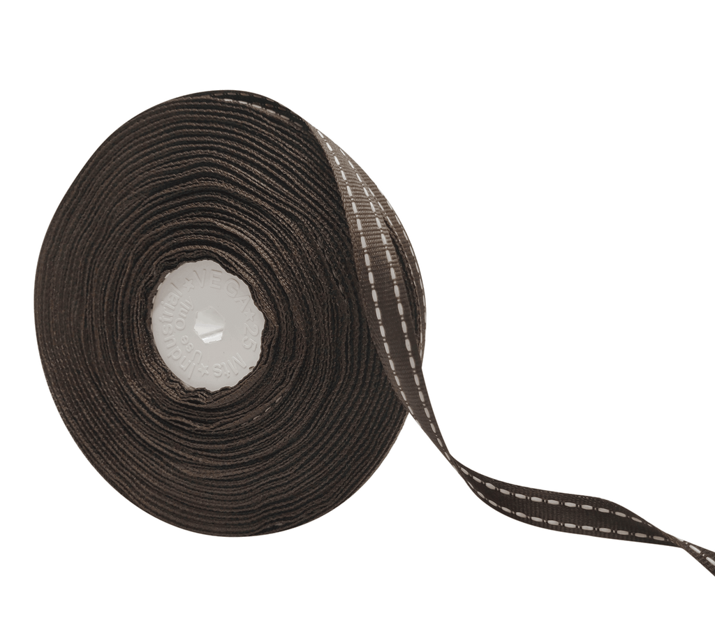 COFFEE BROWN WITH WHITE ALLURA STITCHED RIBBON (10MM | 25MTR)