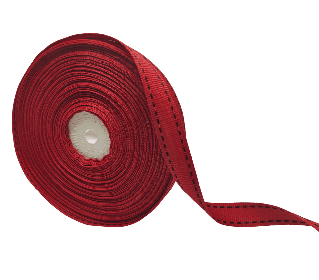 RED WITH BLACK ALLURA STITCHED RIBBON (15MM | 25MTR)