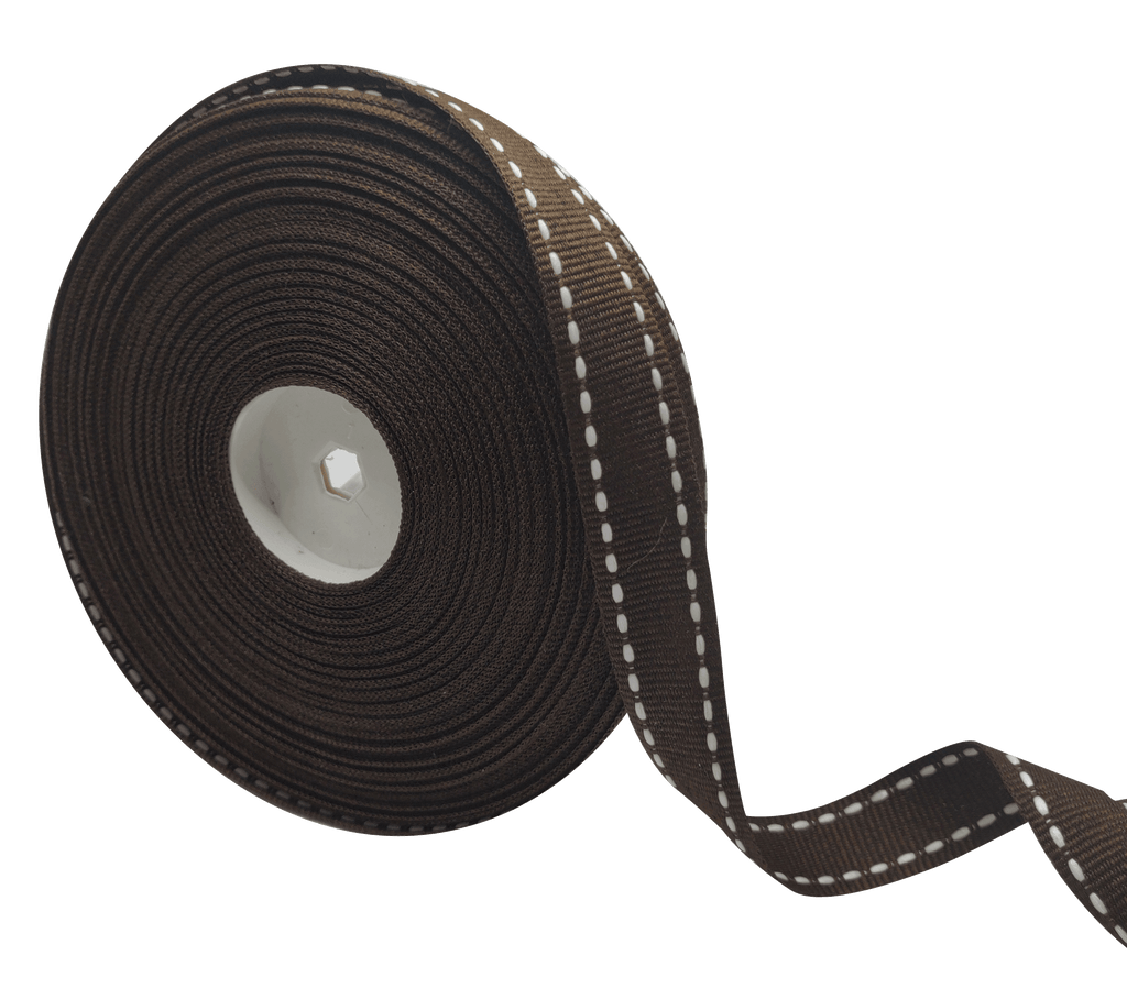 COFFEE BROWN WITH WHITE ALLURA STITCHED RIBBON (15MM | 25MTR)