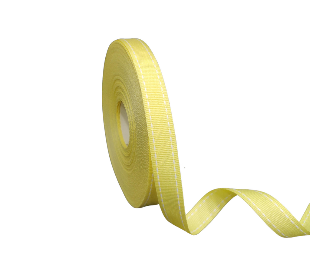 LEMON YELLOW WITH WHITE ALLURA STITCHED RIBBON (15MM | 25MTR)