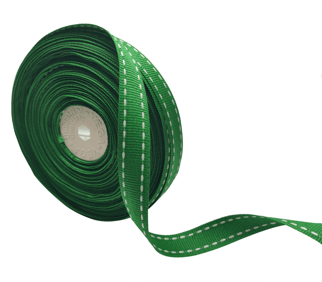GREEN WITH WHITE ALLURA STITCHED RIBBON (15MM | 25MTR)