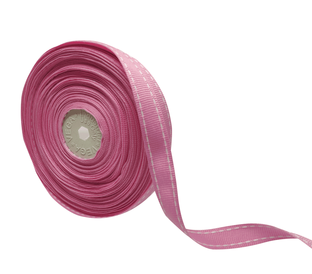 PINK WITH WHITE ALLURA STITCHED RIBBON (15MM | 25MTR)