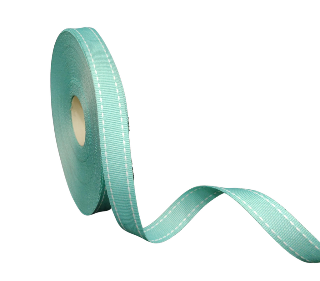 AQUA WITH WHITE ALLURA STITCHED RIBBON (15MM | 25MTR)