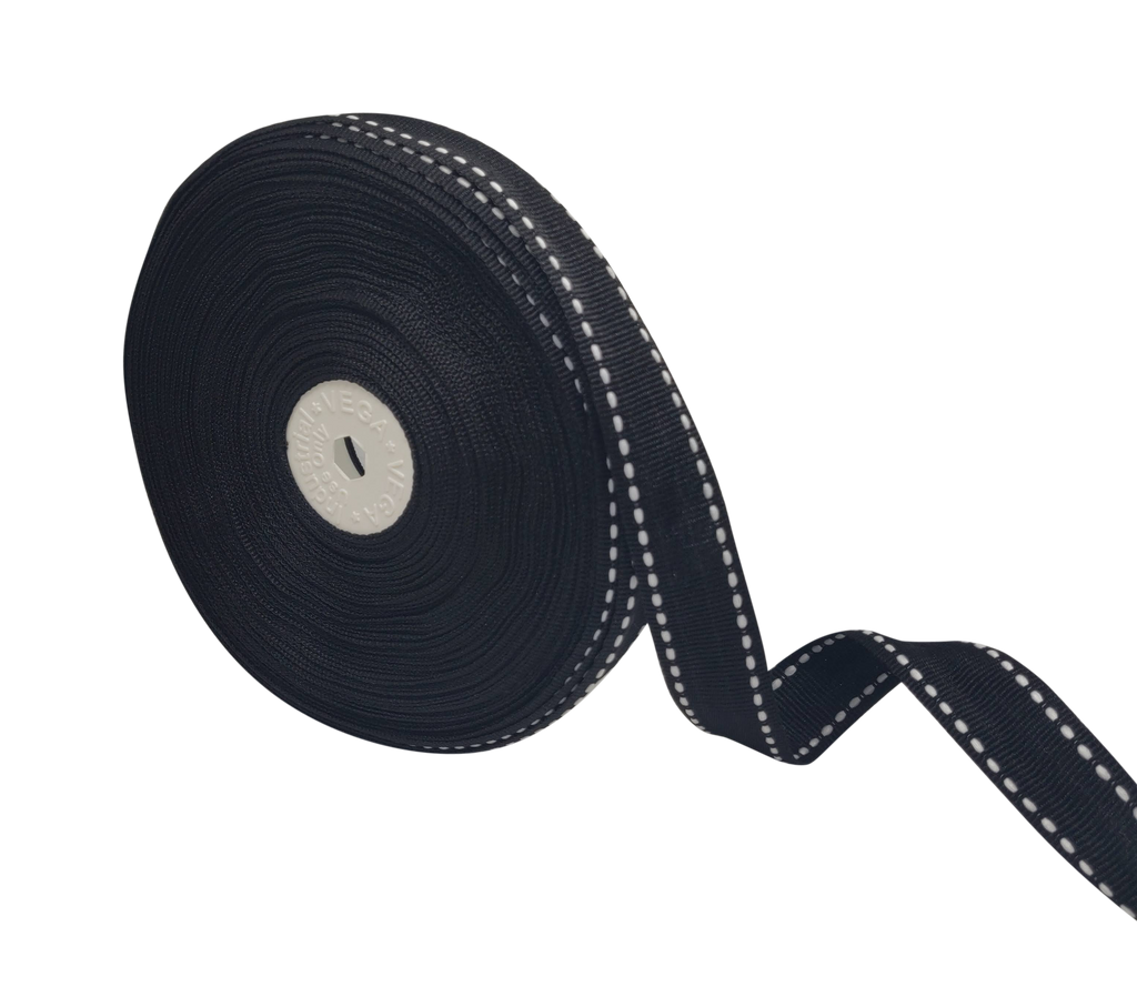 BLACK WITH WHITE ALLURA STITCHED RIBBON (20MM | 25MTR)