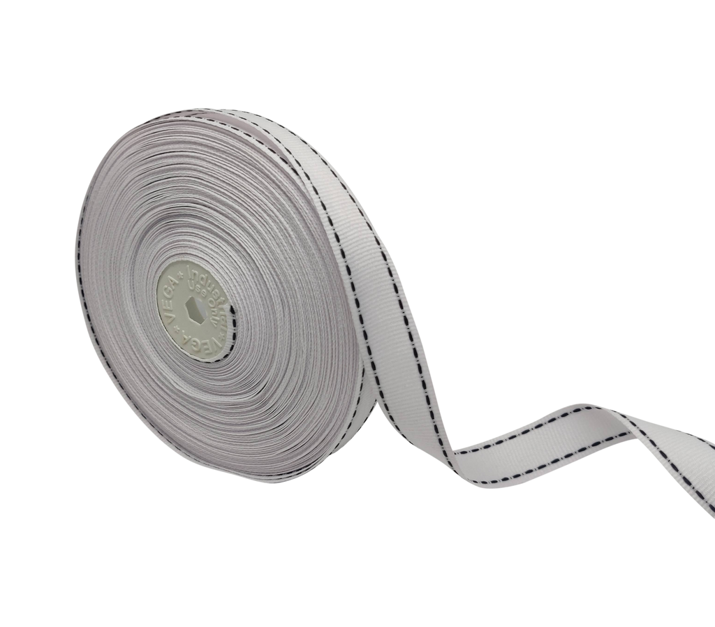 WHITE WITH BLACK ALLURA STITCHED RIBBON (20MM | 25MTR)