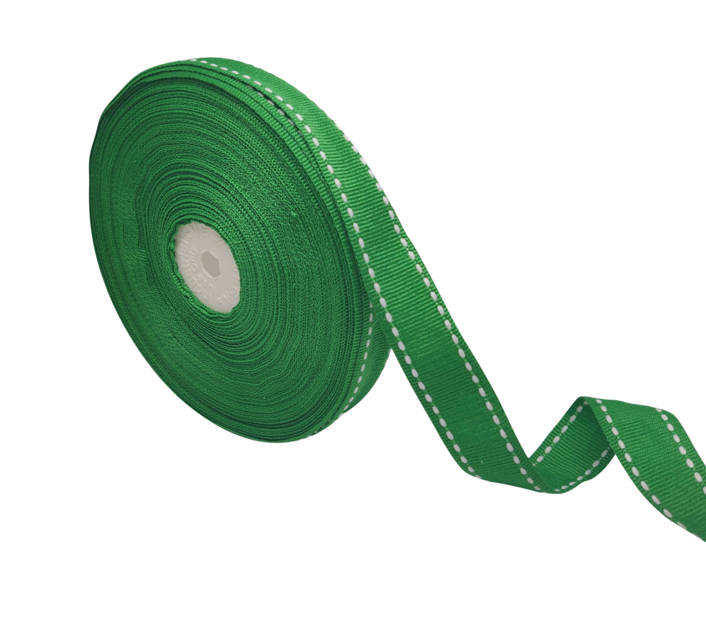 GREEN WITH WHITE ALLURA STITCHED RIBBON (20MM | 25MTR)