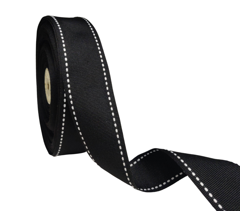 BLACK WITH WHITE ALLURA STITCHED RIBBON (38MM | 25MTR)