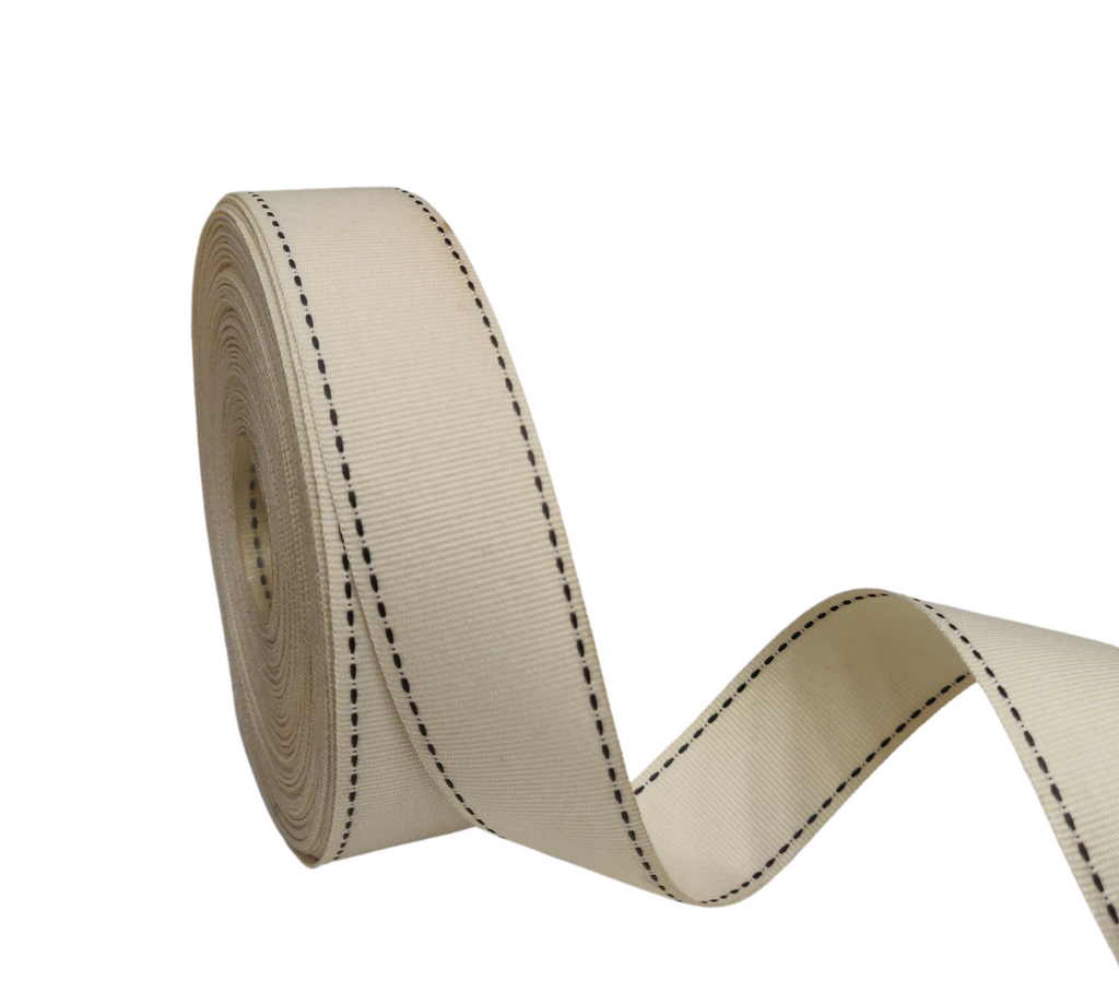 CREAM WITH BLACK ALLURA STITCHED RIBBON (38MM | 25MTR)