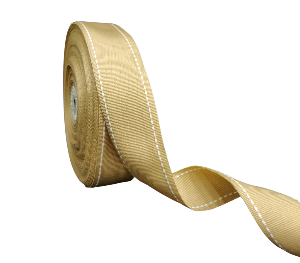 BEIGE WITH WHITE ALLURA STITCHED RIBBON (38MM | 25MTR)