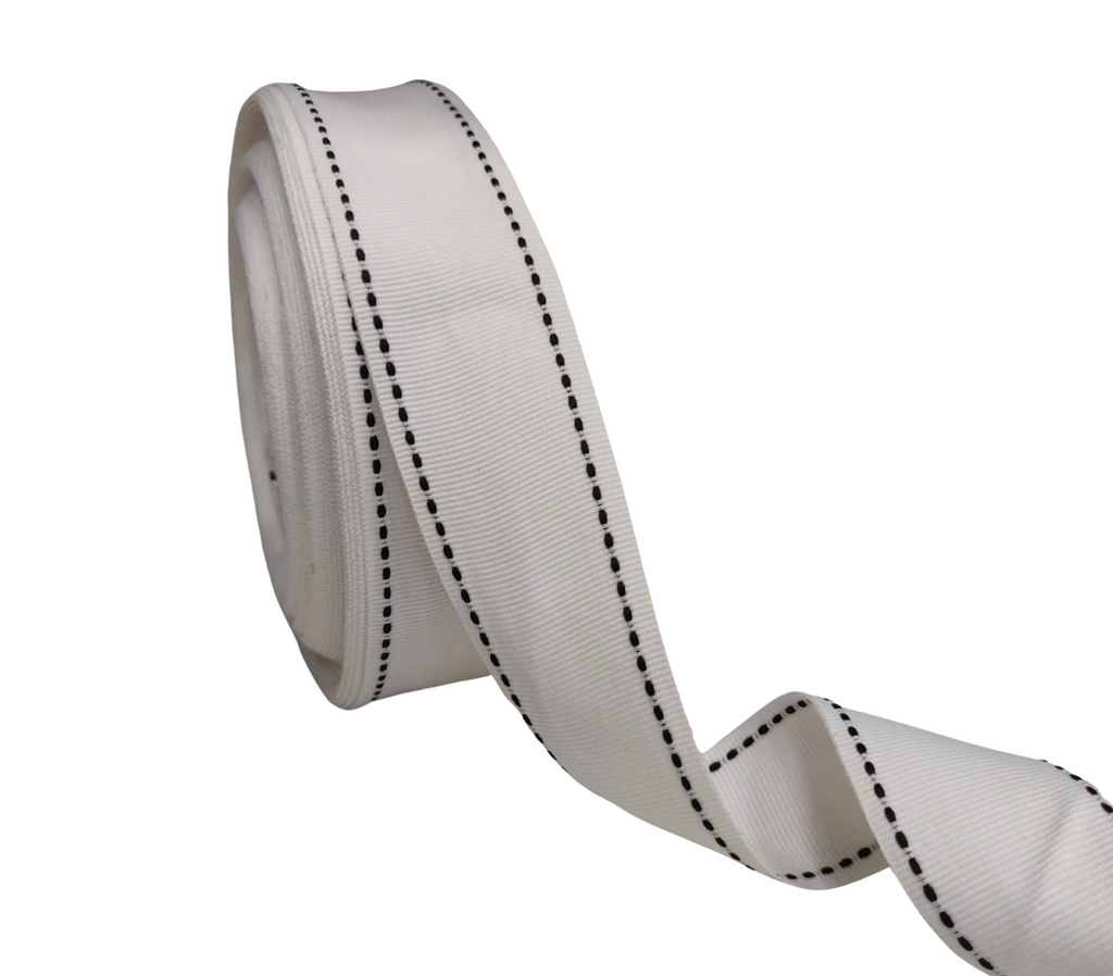 WHITE WITH BLACK ALLURA STITCHED RIBBON (38MM | 25MTR)