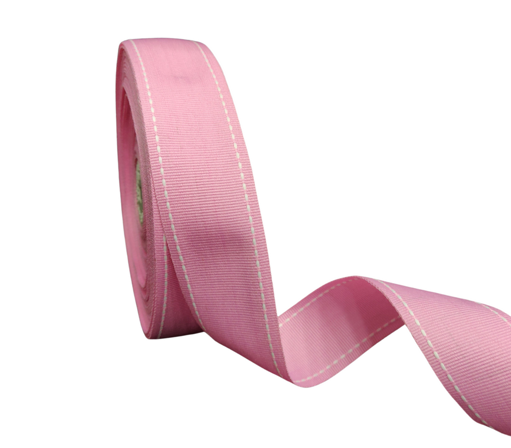 PINK WITH WHITE ALLURA STITCHED RIBBON (38MM | 25MTR)
