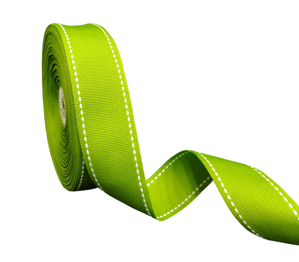 LEAF GREEN WITH WHITE ALLURA STITCHED RIBBON (38MM | 25MTR)