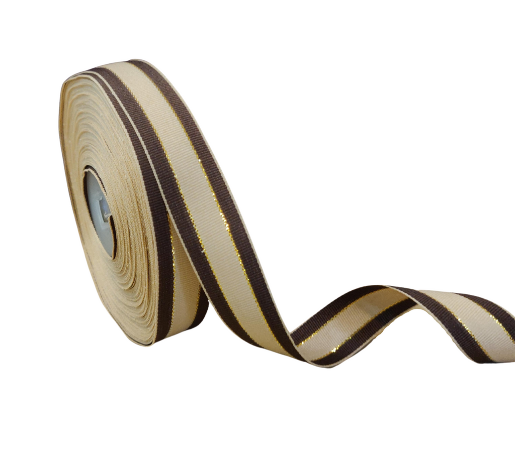 BROWN & BEIGE STRIPES WITH ZARI RIBBON (22 MM)