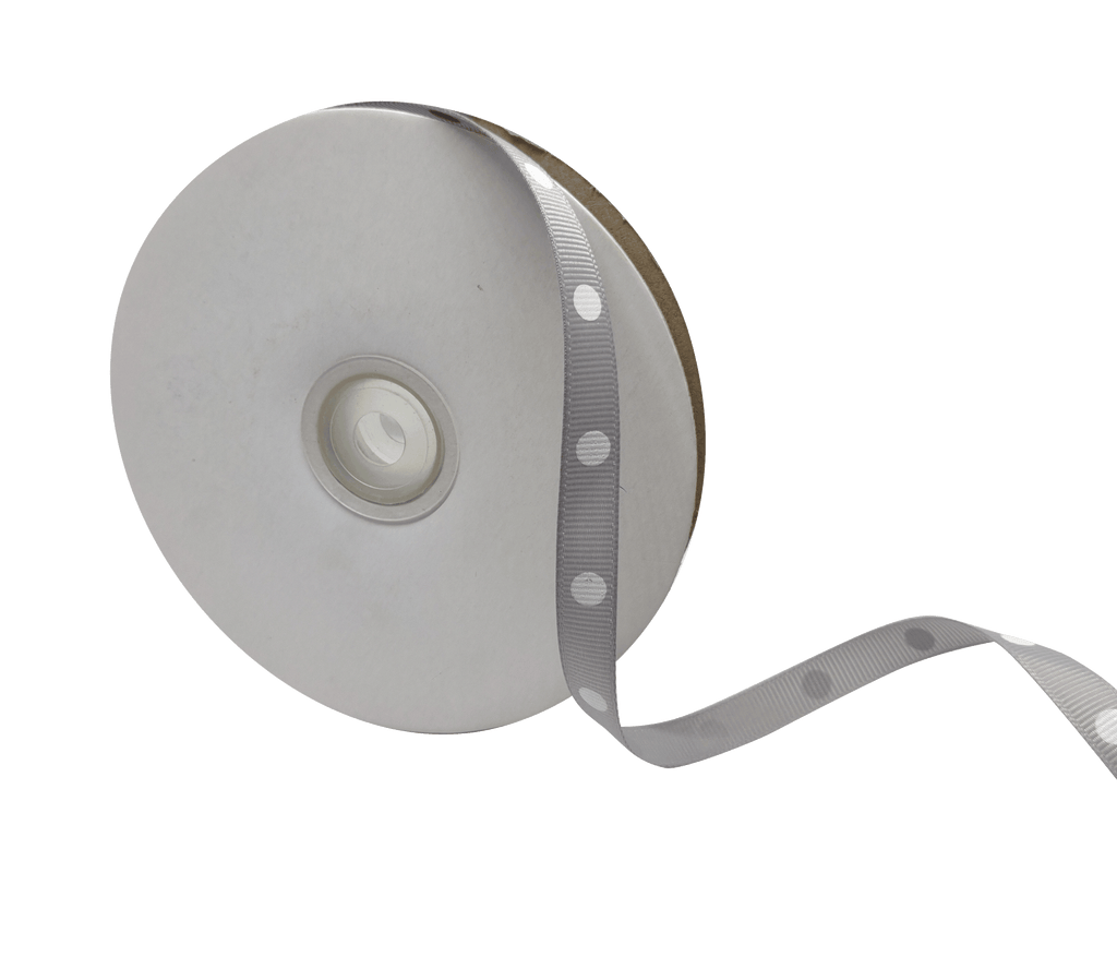 GREY WITH WHITE ARIA DOTS RIBBON (10MM | 45MTR)
