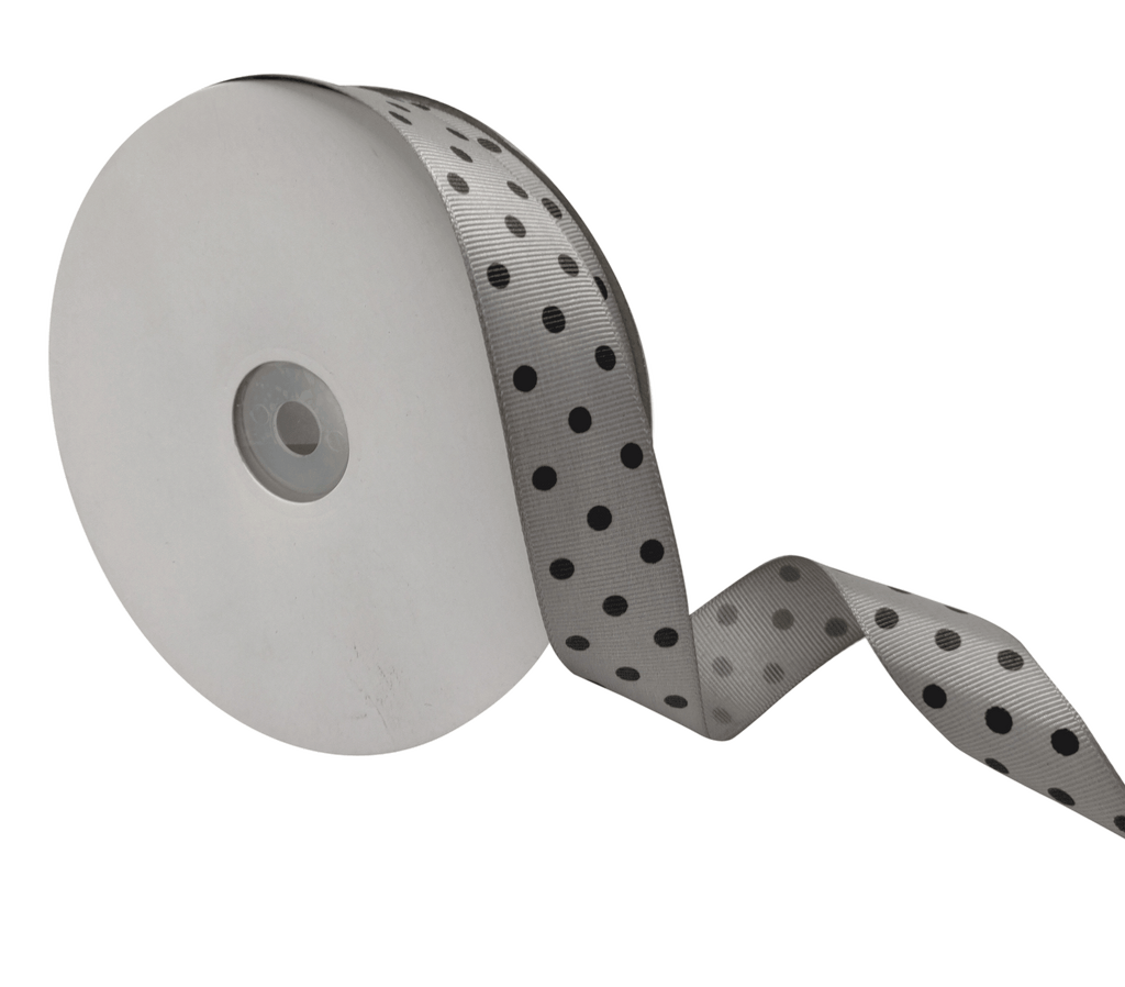GREY WITH BLACK ARIA DOTS RIBBON (25MM | 45MTR)