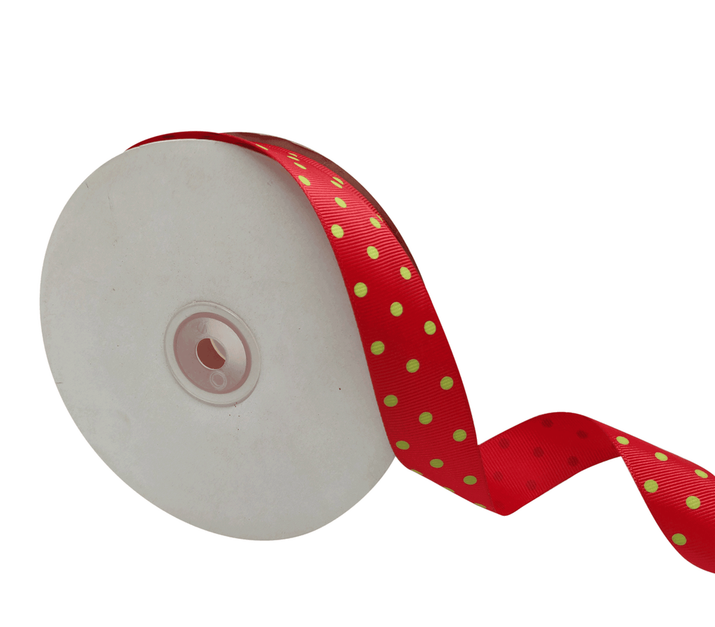 SCARLET RED WITH GREEN ARIA DOTS RIBBON (25MM | 45MTR)
