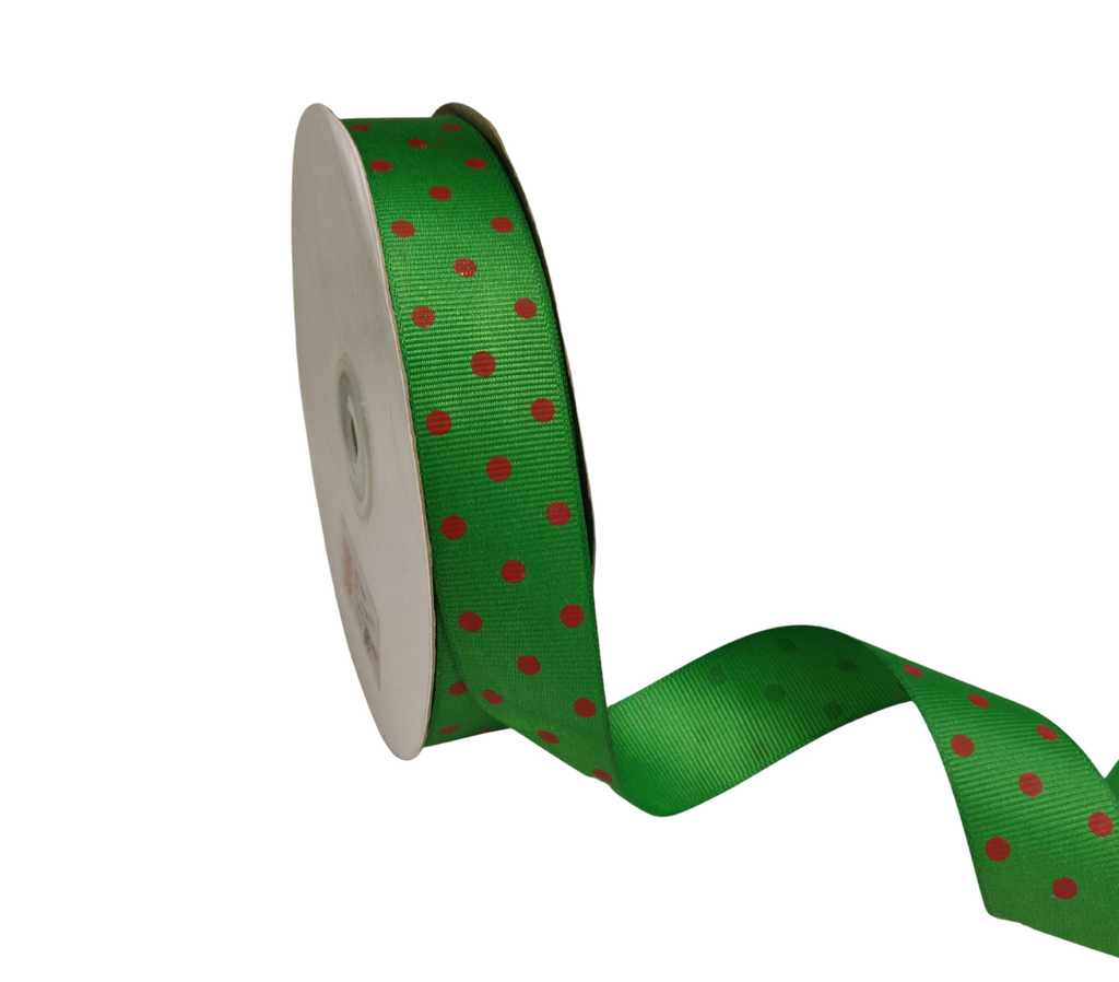 GREEN WITH RED ARIA DOTS RIBBON (25MM | 45MTR)