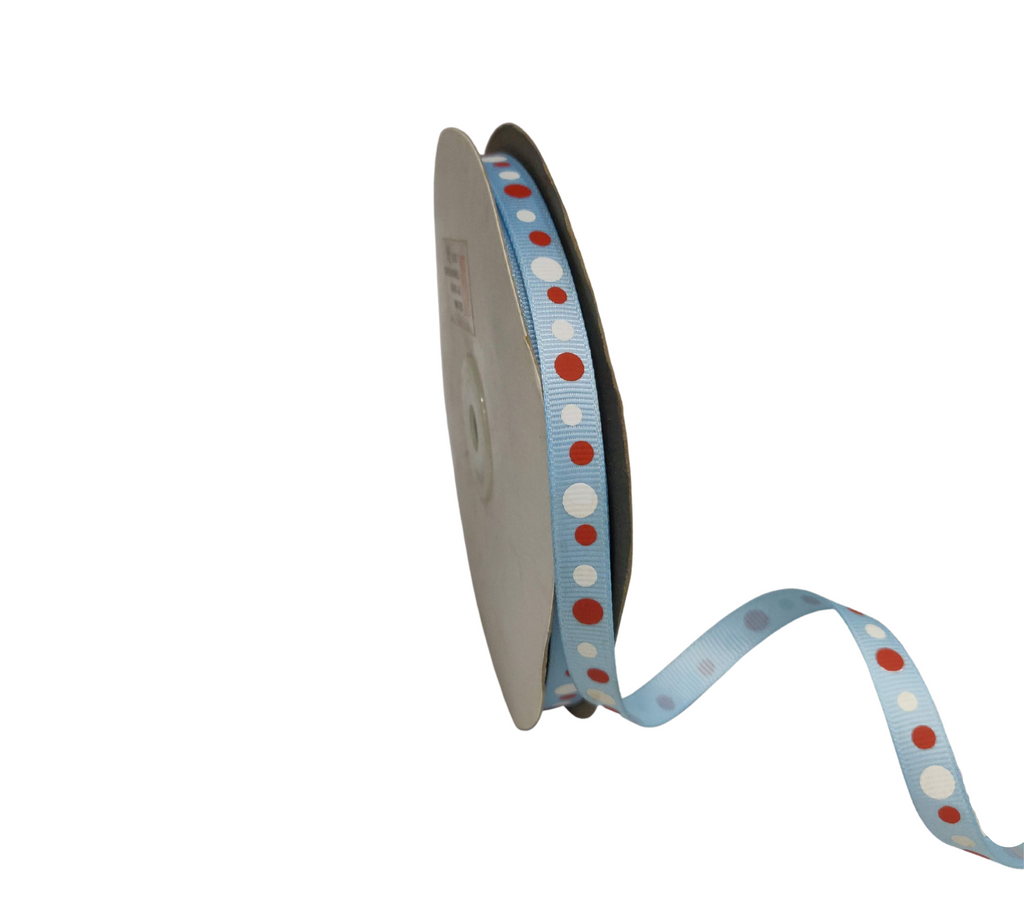 BABY BLUE WITH RED & WHITE CIRCLES RIBBON (10 MM)