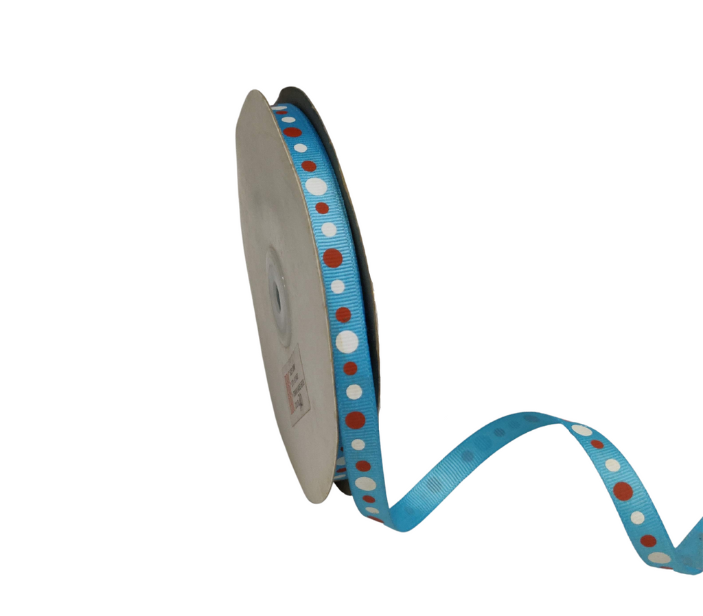 SKY BLUE WITH RED & WHITE CIRCLES RIBBON (10 MM)
