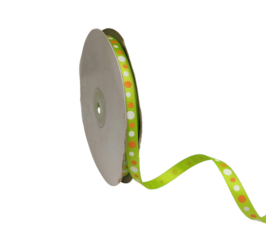 LIME GREEN WITH ORANGE & WHITE CIRCLES RIBBON (10 MM)
