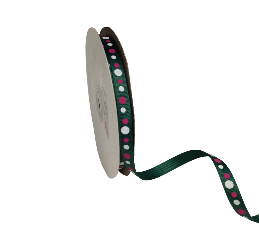 BOTTLE GREEN WITH PINK & WHITE CIRCLES RIBBON (10 MM)