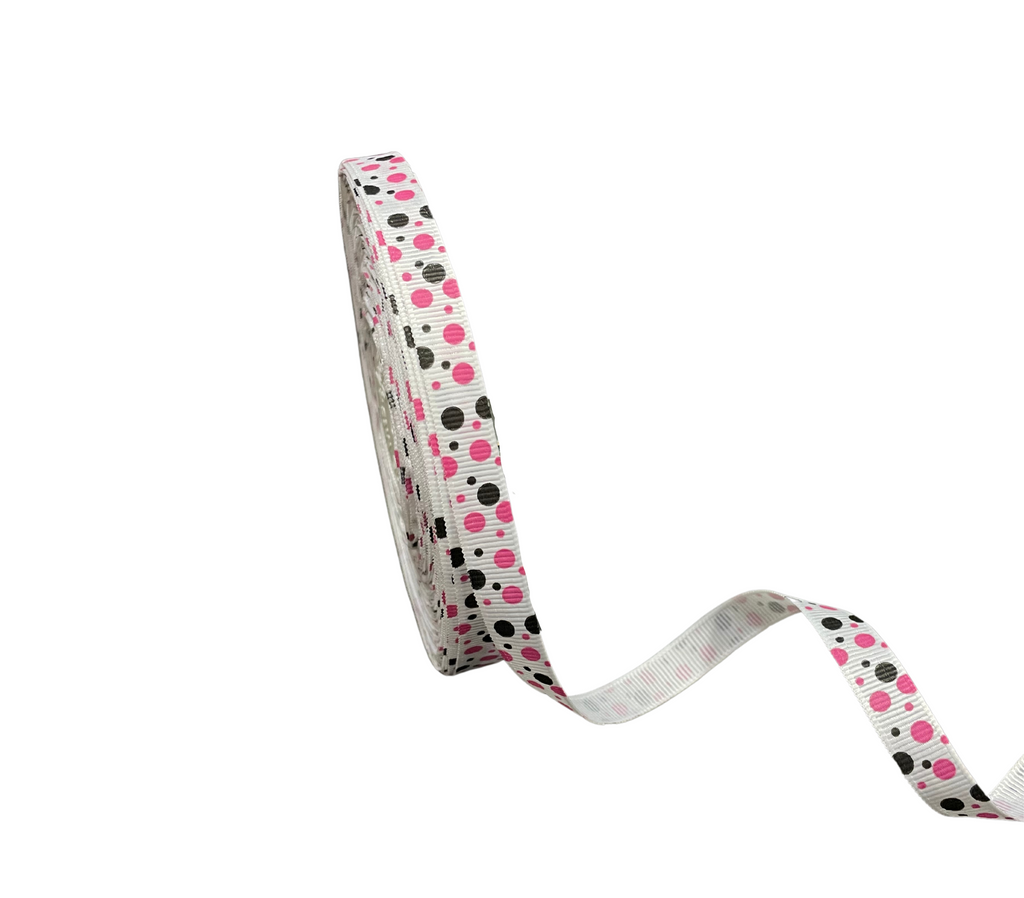 WHITE WITH BLACK & PINK DOTSRIBBON (10 MM)