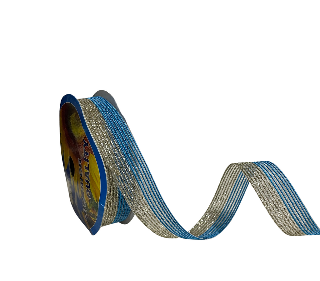 HALF SKY BLUE & ZARI STRIPES RIBBON (25 MM)