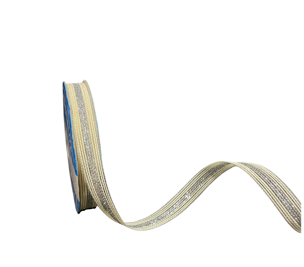IVORY & SILVER ZARI STRIPES RIBBON (13 MM)
