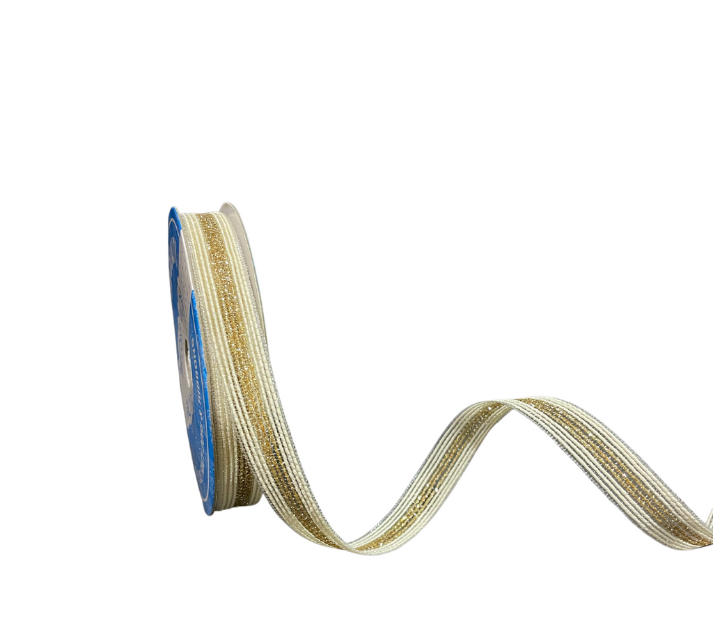 IVORY & LIGHT GOLD ZARI STRIPES RIBBON (13 MM)