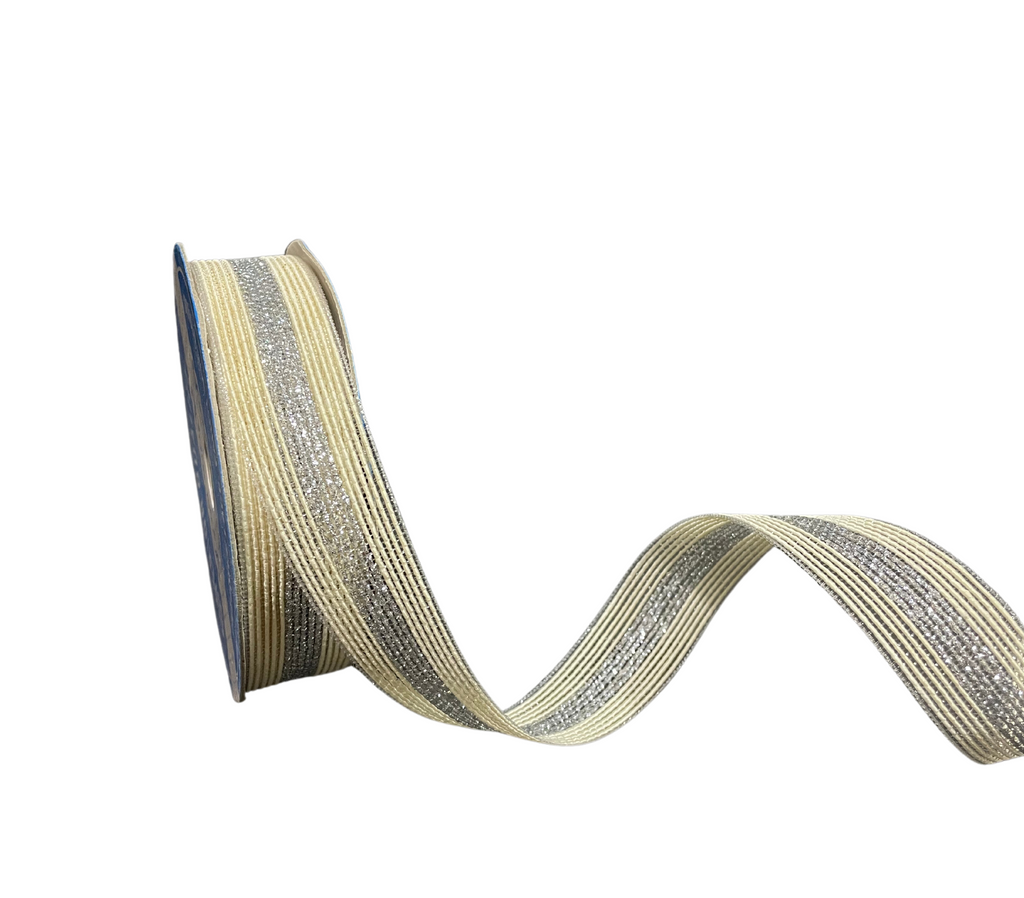 IVORY & SILVER ZARI STRIPES RIBBON (25 MM)
