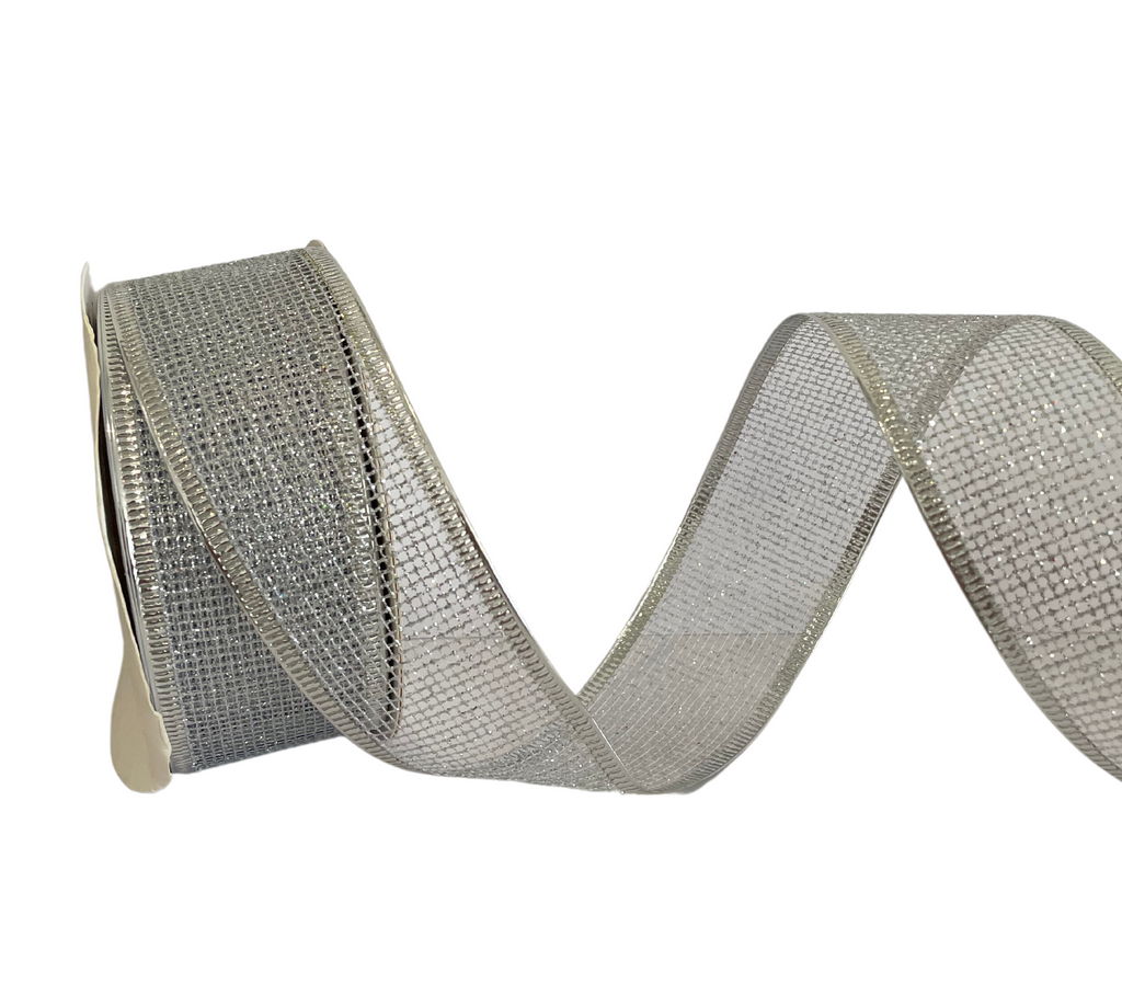 SILVER GLITTER WIRED NET RIBBON (38 MM)